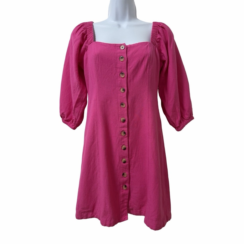 L Space Marina Linen Blend Button Front Mini Dress Size XS Pink Beachy Resort